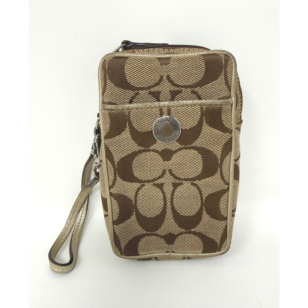 Coach Signature Monogram Wristlet Pouch‎ Y2K Brown Gold Trim Zip Small Bag